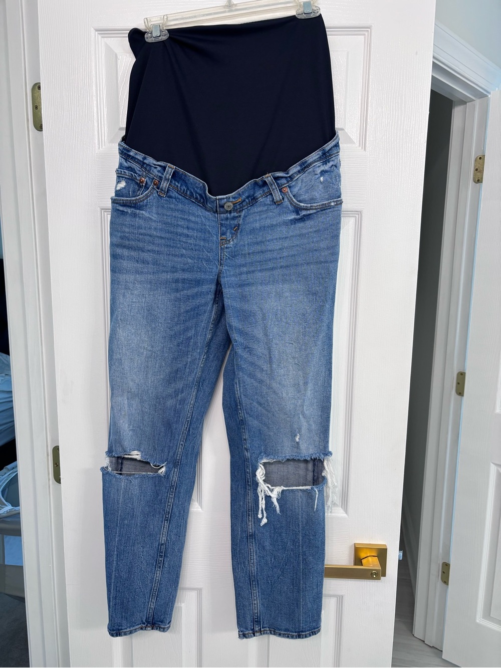 Abercrombie & Fitch Blue Distressed Maternity Jeans with Black Stretch Panel